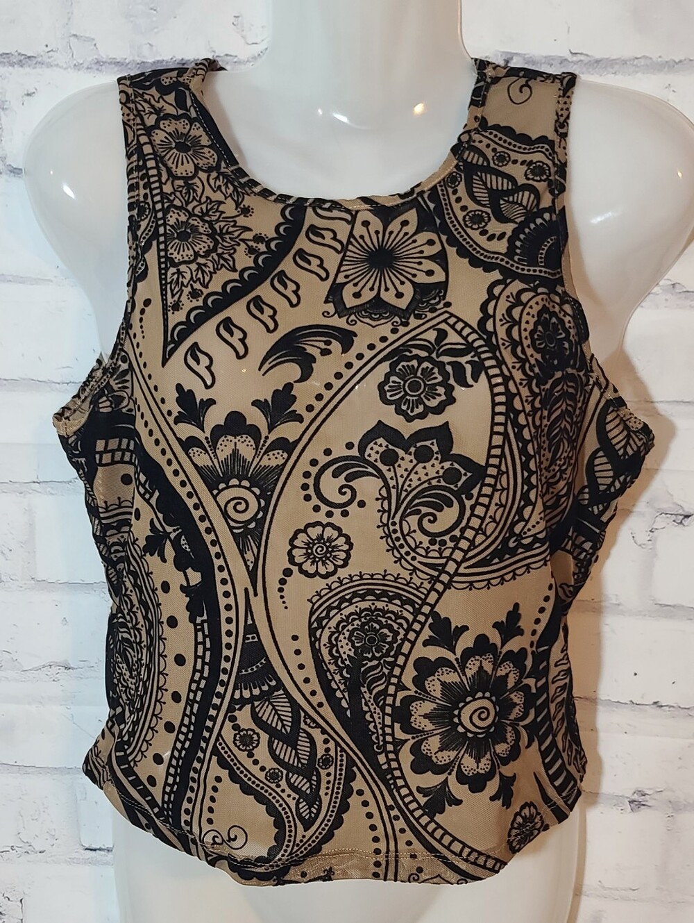 Beige/Black Velvet Mesh Sheer Paisley Tank Top L